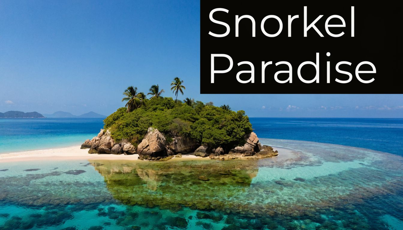 A small tropical island with lush trees, rocks, and a white sand beach surrounded by coral reefs.