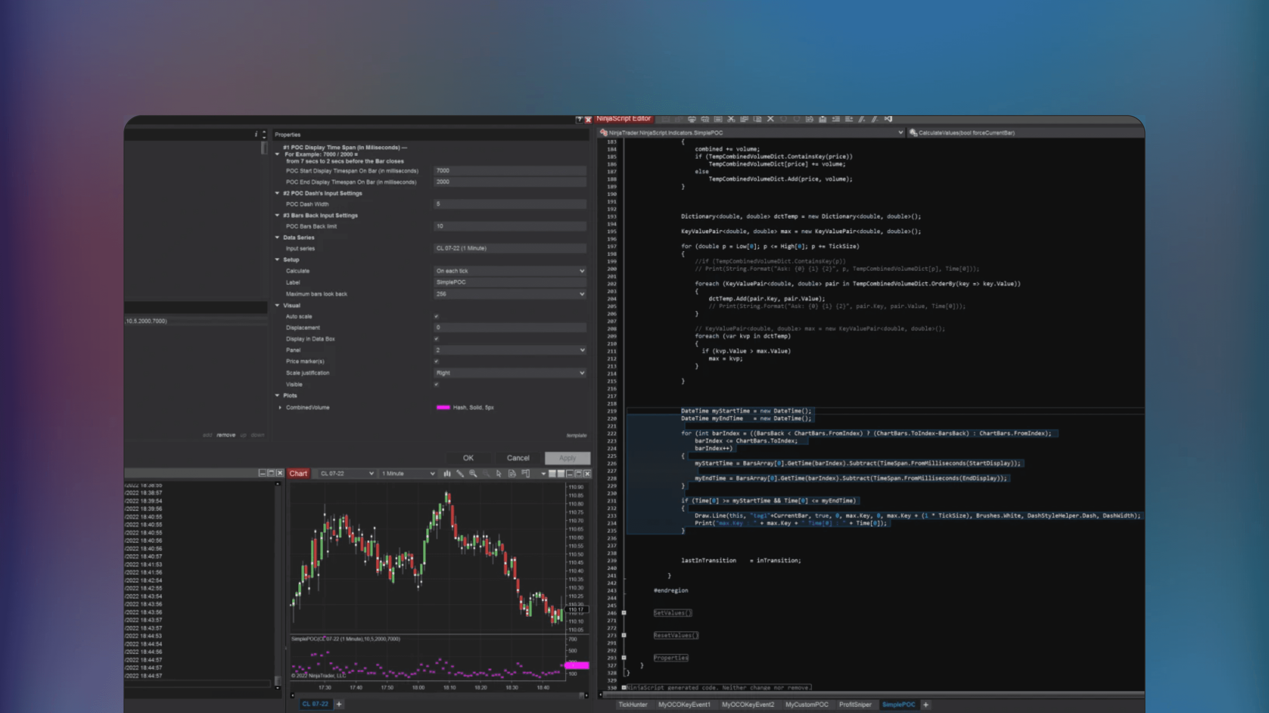 NinjaTrader trading chart displaying SimplePOC indicator with white dashes marking the Point of Control inside price bars and a separate panel showing volume data using a hash plot style