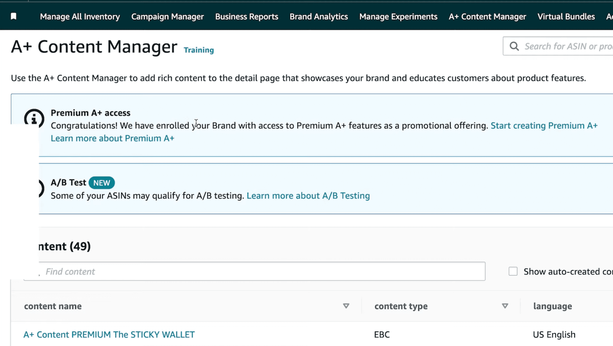 Check if you have Premium A+ Access in Amazon Seller Central A+ Content Manager