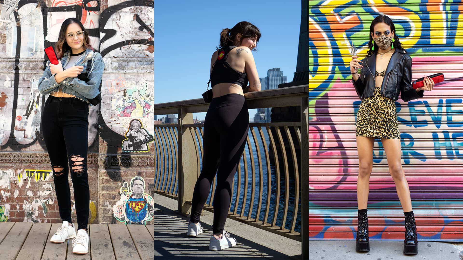 The image is a triptych showing three women in different outfits and settings. On the left, a woman in a light blue denim jacket with ripped black pants and white sneakers holds a red object, standing against a wall with graffiti. In the center, a woman in a black sports bra and black leggings with white sneakers stands on a wooden walkway, leaning against a railing. To the right, a woman in a black leather jacket, a leopard print skirt, and black combat boots holds a red object and wears a face mask, standing in front of a colorful graffiti wall.