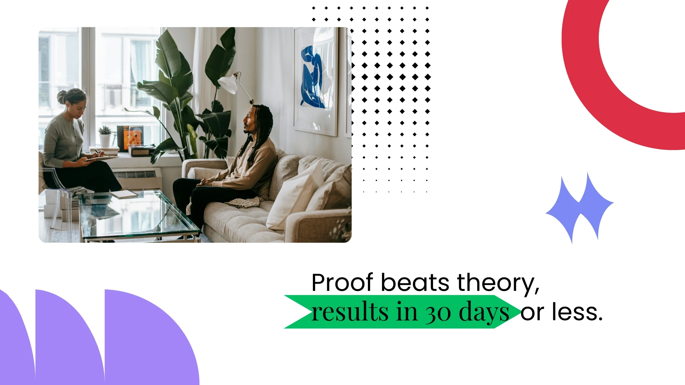 Coach speaking with a client on a sofa in a modern living room, alongside text about proof and measurable results.