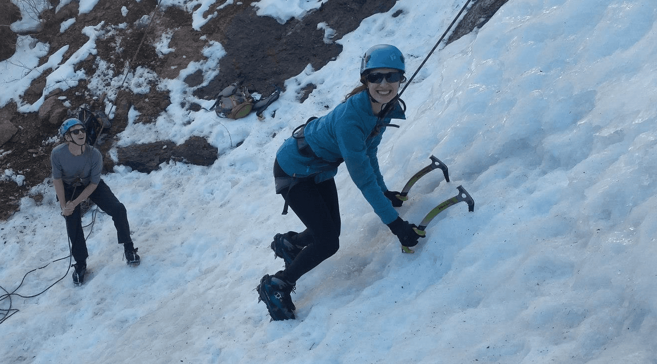 Ice climbers in cheyenne canyon on a warm day in t shirts and leggings
