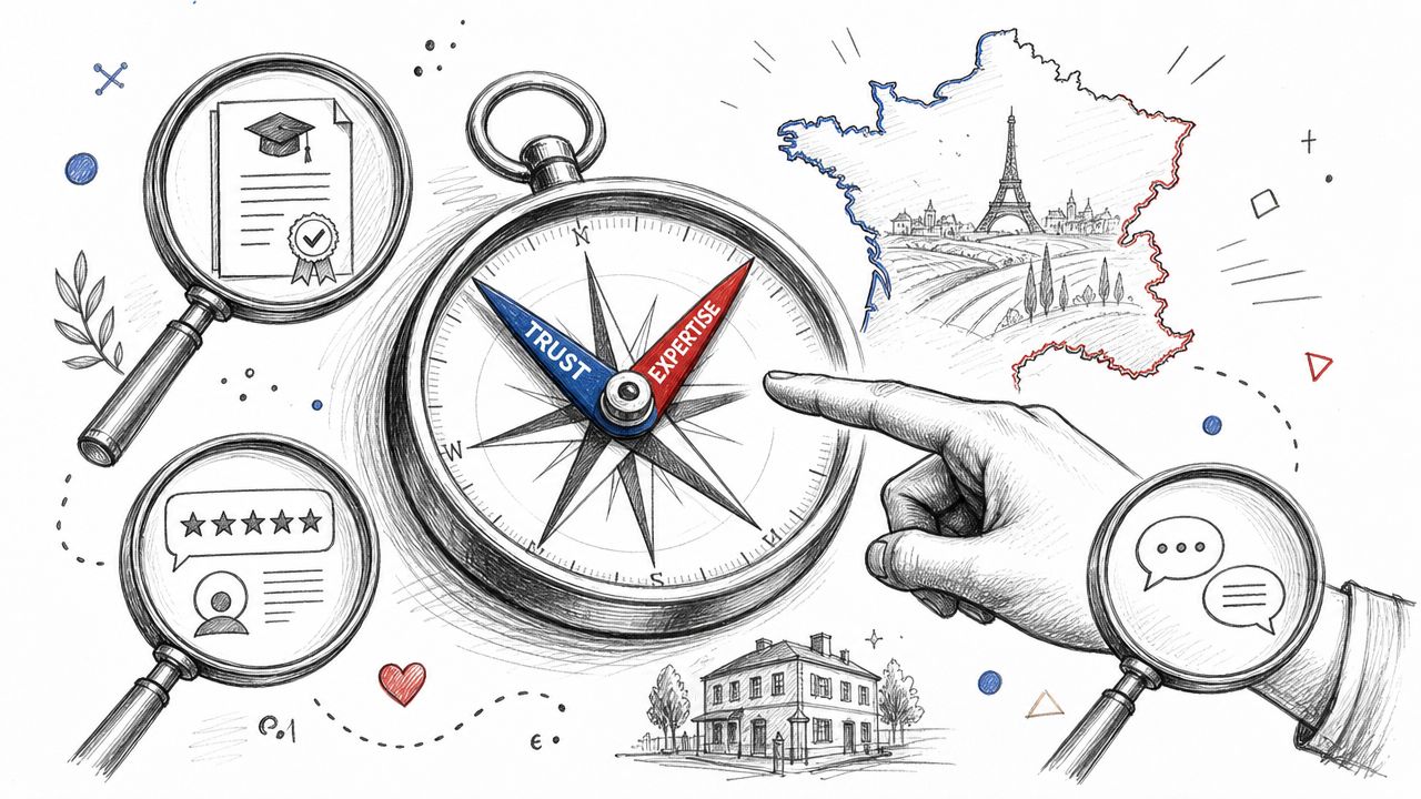 A hand points at a compass with trust and expertise labels surrounded by mortgage broker concepts.