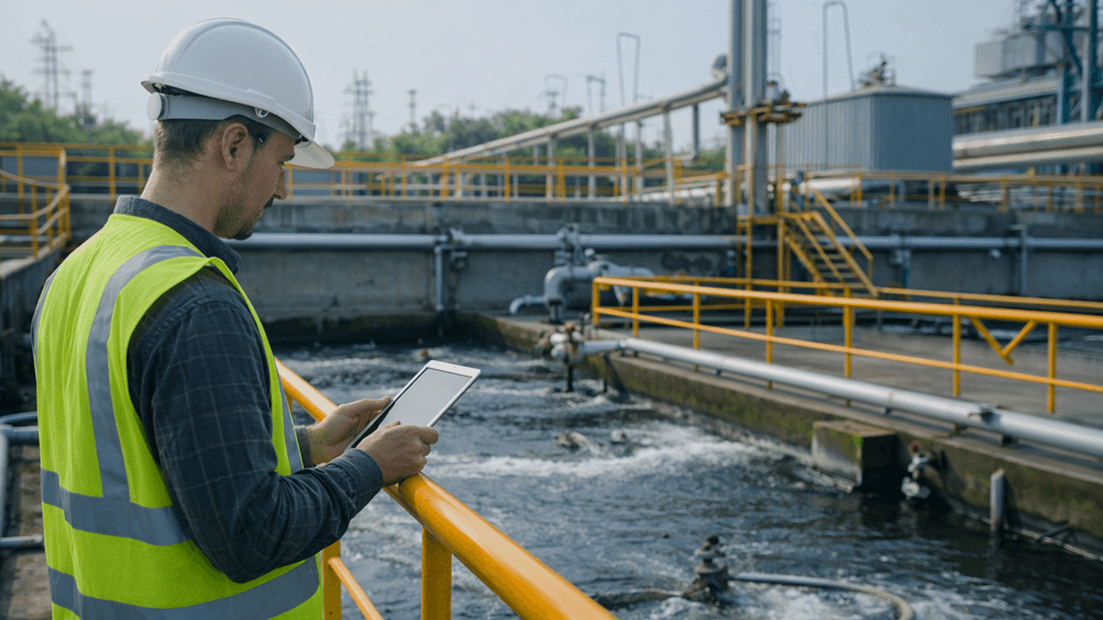 workman holding tablet