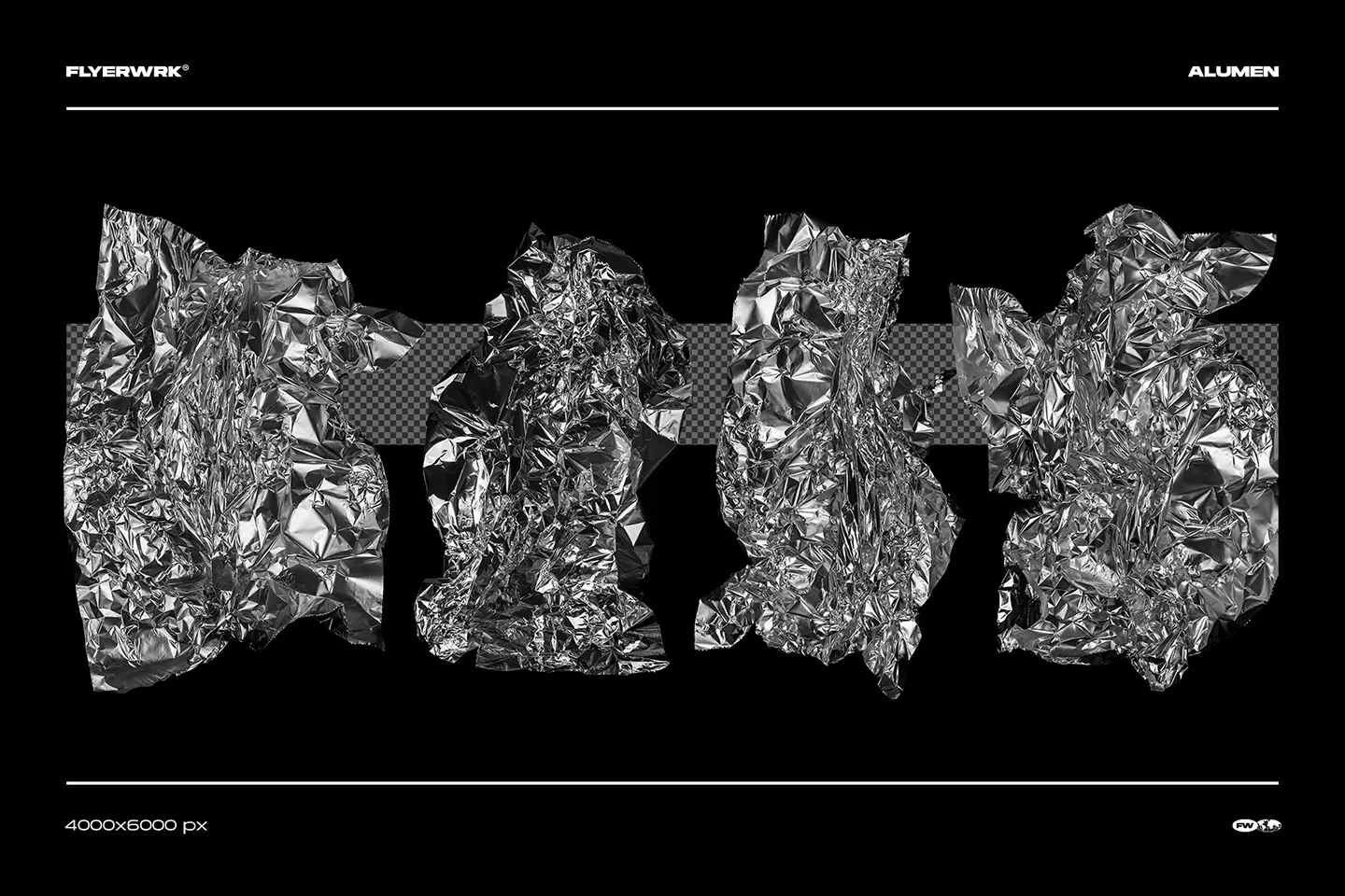Alumen metal foil textures set of four high resolution transparent silver foil PNG cutout elements
