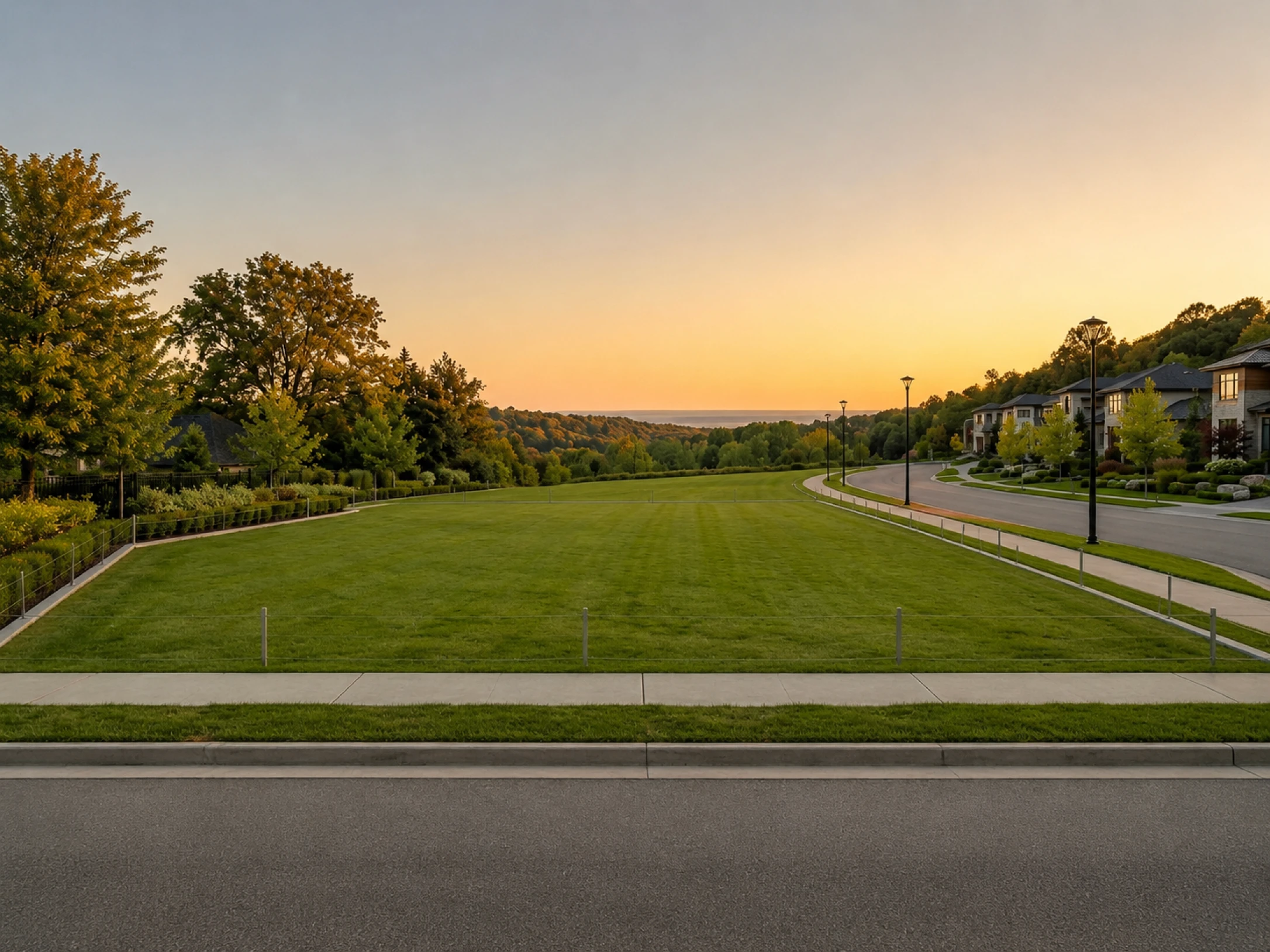 Terreno amplo e gramado em área residencial, cercado por árvores e ruas, durante o pôr do sol.