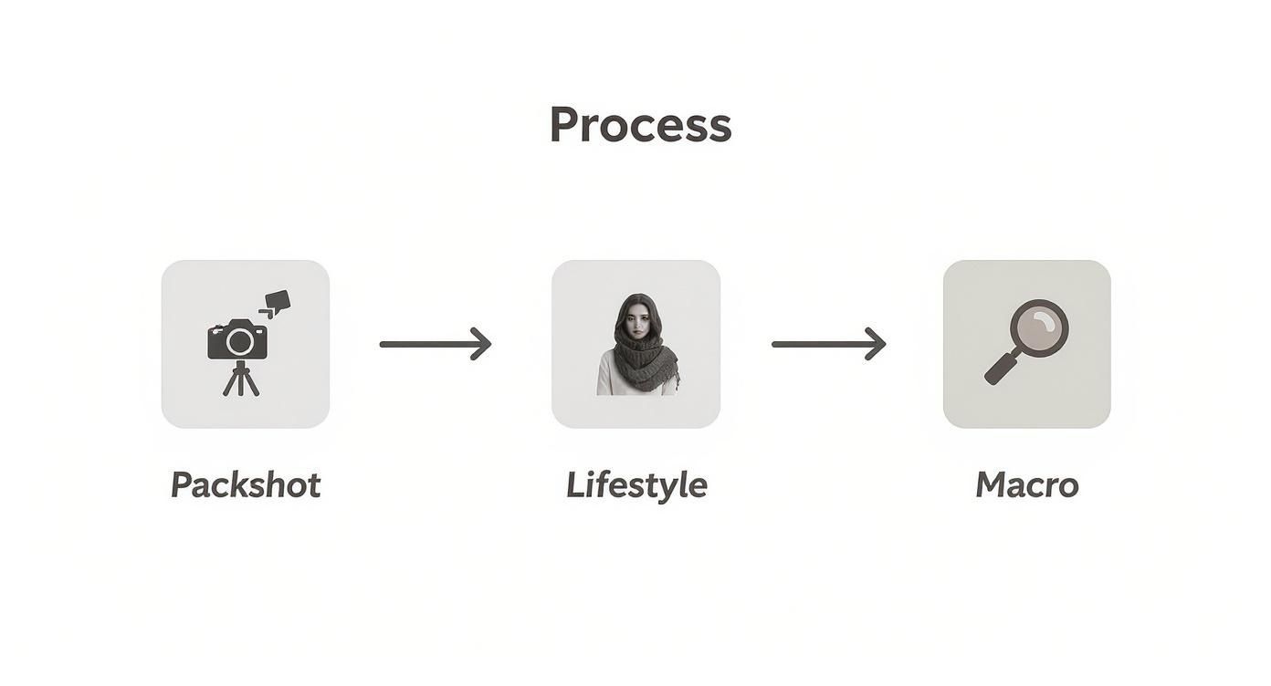 Infographic showing the process flow of different product photography styles from Packshot to Lifestyle to Macro shots.