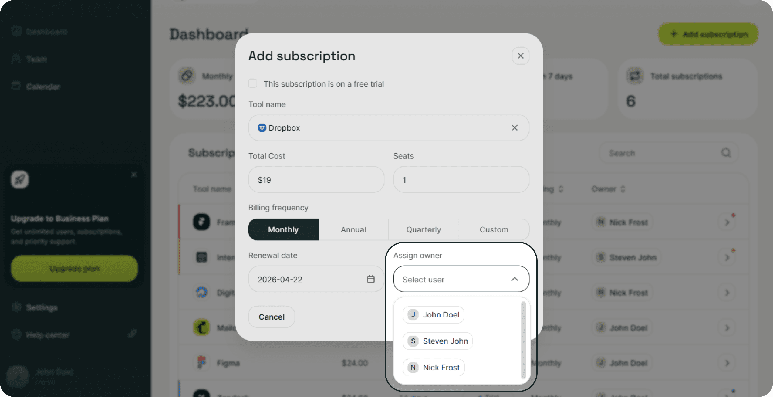Subsight add subscription modal with assign owner dropdown selecting a team member.