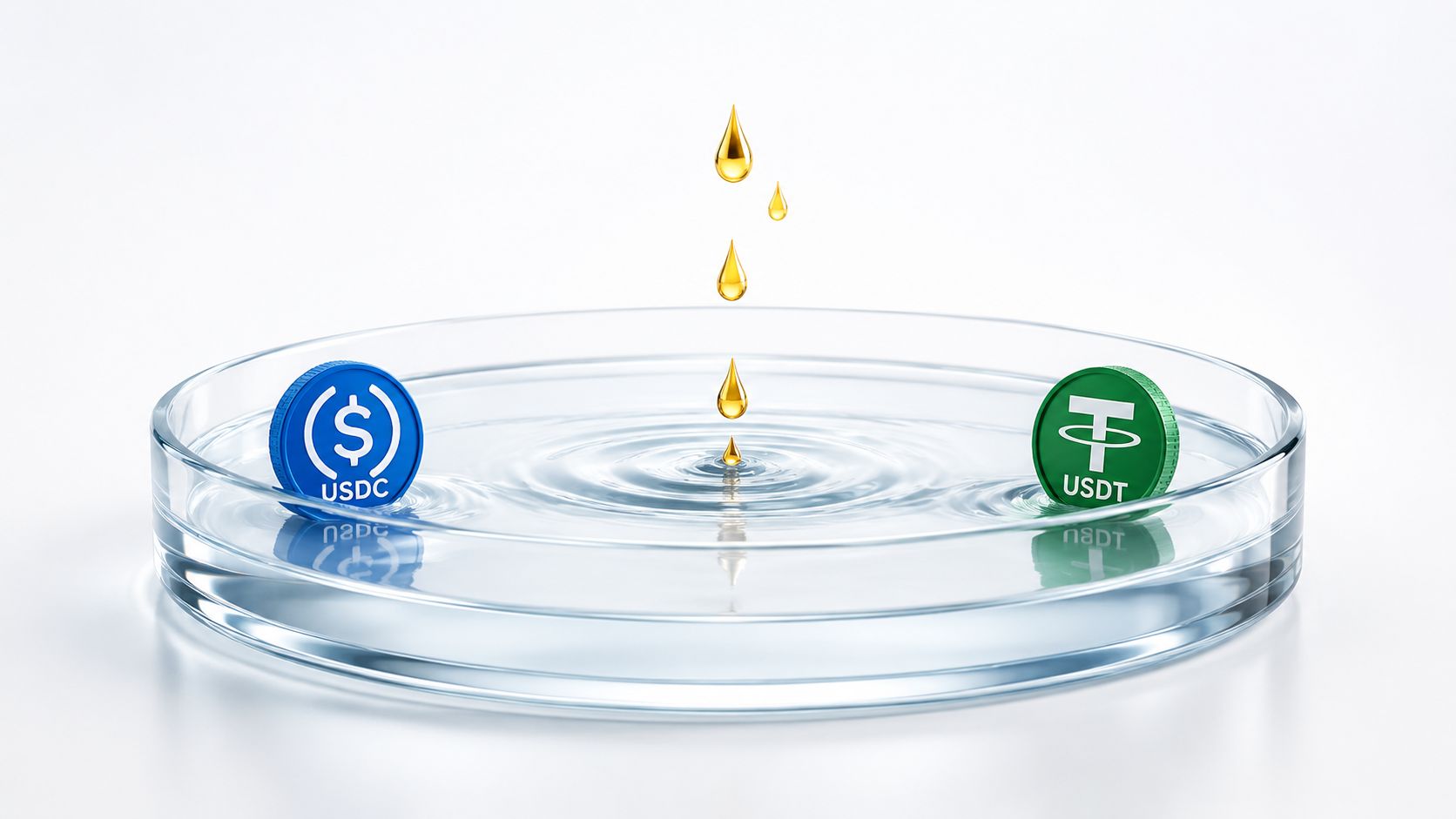 USDC and USDT cryptocurrency coins floating in a clear liquid filled petri dish with golden droplets falling.