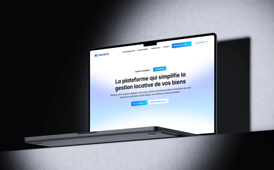 Un mockup desktop de la page d'accueil du site Manerty, réalisé sur Framer