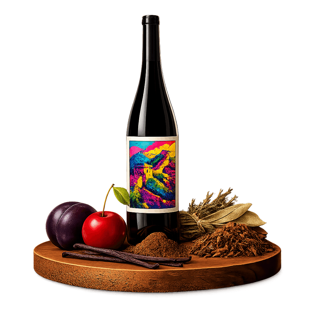 Artistic label and flavor profile for Chinese Merlot on a rustic wooden table.