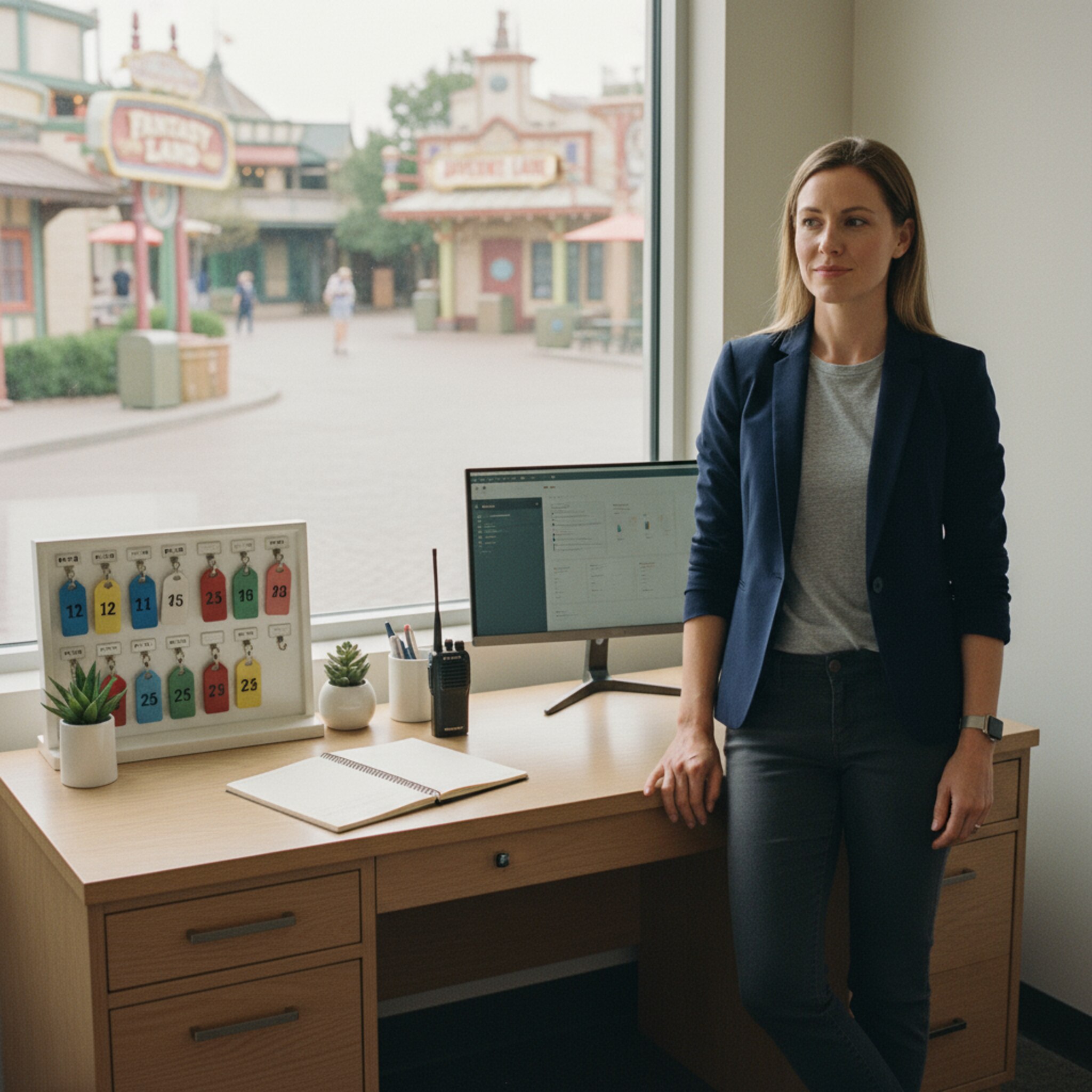 Im Backoffice liegt ein sauber geordneter Schreibtisch mit Funkgerät, Notizblock und nummerierten Schlüsselanhängern. Eine Teamleiterin blickt aus dem Fenster auf ruhige Wege zwischen Attraktionen. Die Atmosphäre ist fokussiert, professionell und kontrolliert.