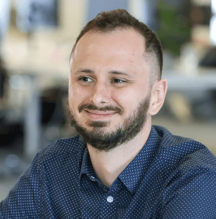 Hero image featuring a greyscaled communication platform on an abstract background.