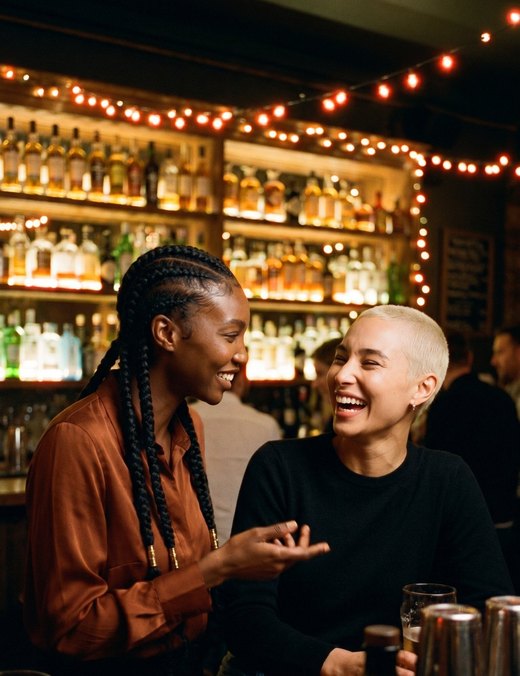 Two friends talking at a bar