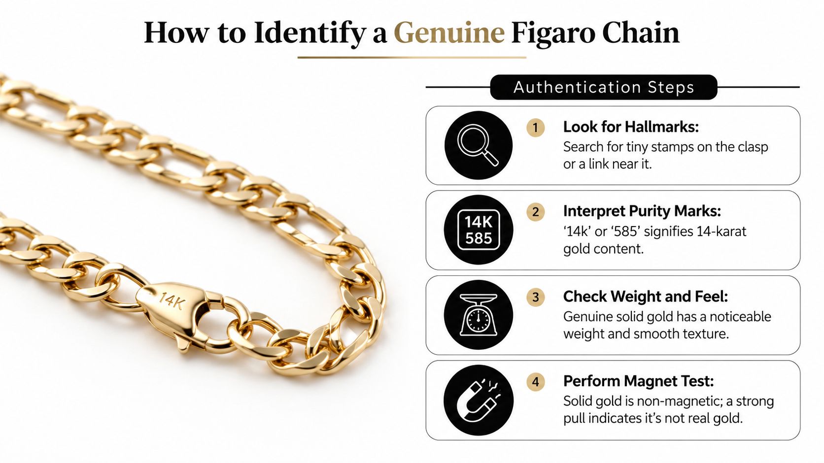 An infographic detailing four easy steps to authenticate a genuine 14k solid gold Figaro chain necklace.