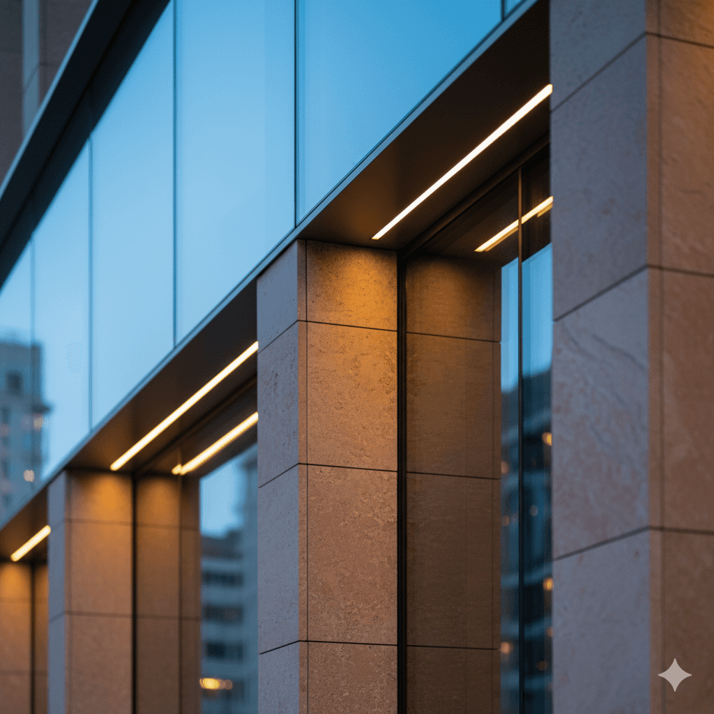 Close-up of M3M Cosmopolitan building glass and stone facade