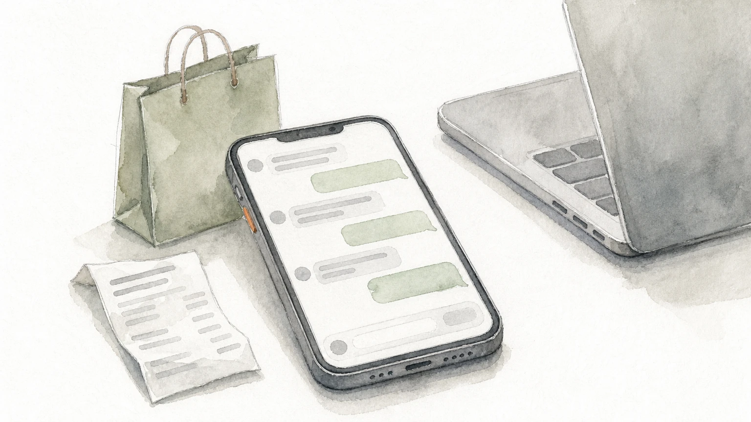 A smartphone beside a shopping bag and a printed receipt, with a laptop at the edge of a desk.