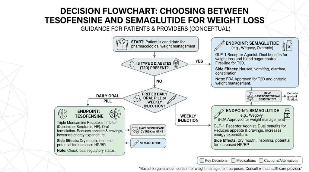 Decision guide flowchart for choosing between tesofensine and semaglutide for weight loss