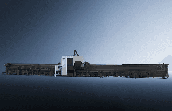 Double-column CNC machining large steel assembly on 8-meter bed.