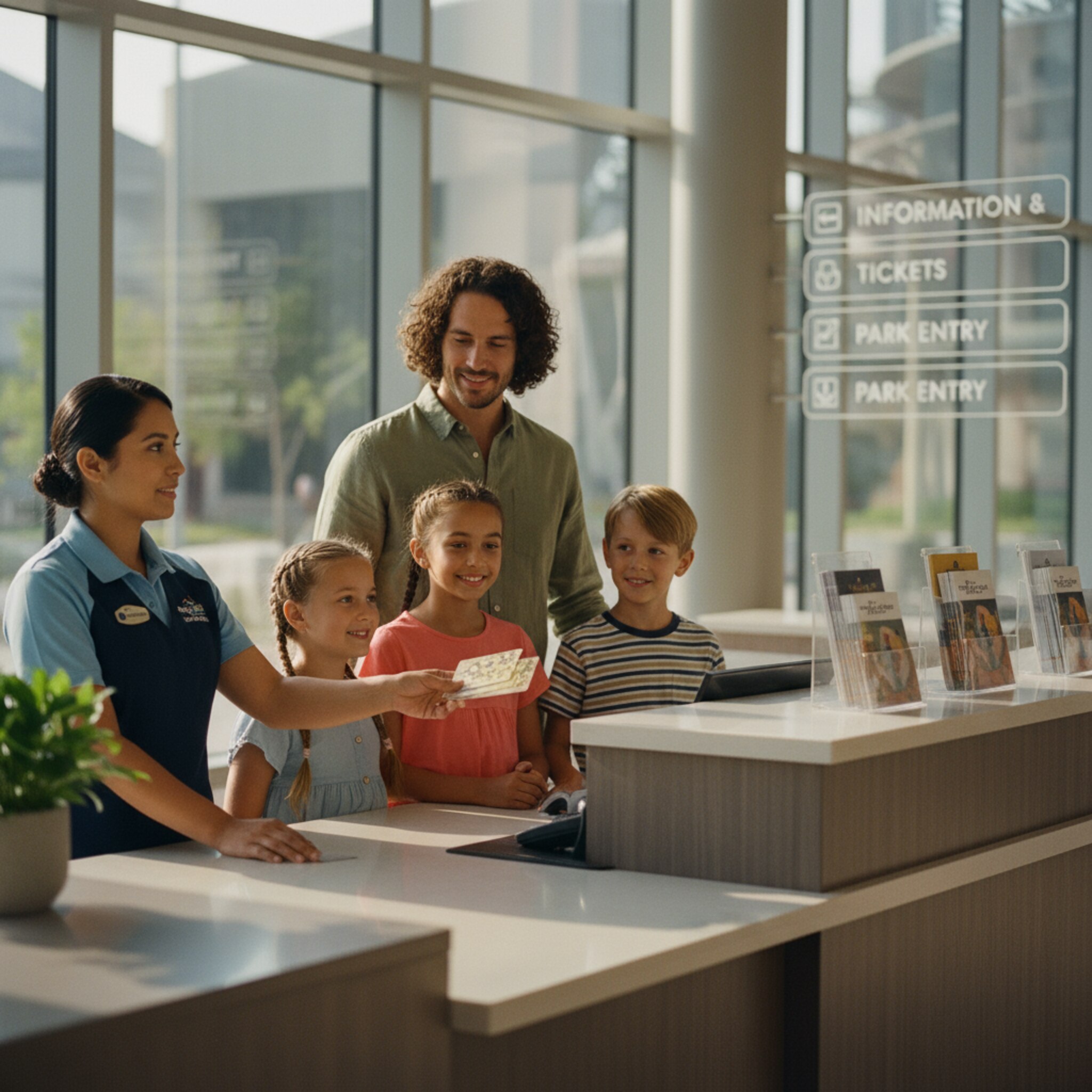 An einem ruhigen Service-Point überreicht ein Mitarbeiter elegante Plastikkarten an eine Familie. Im Hintergrund hängen schlichte Hinweisschilder, Sonnenlicht fällt durch große Fenster. Die Szene wirkt freundlich, strukturiert und effizient organisiert.