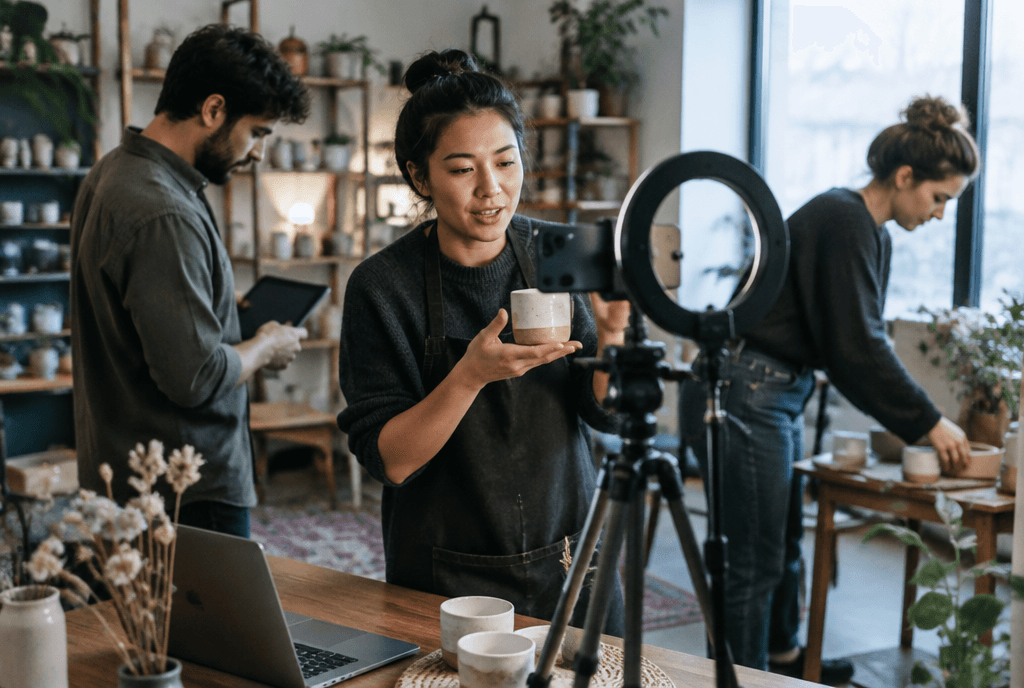 Small business team setting up a TikTok ads account while filming in their workspace