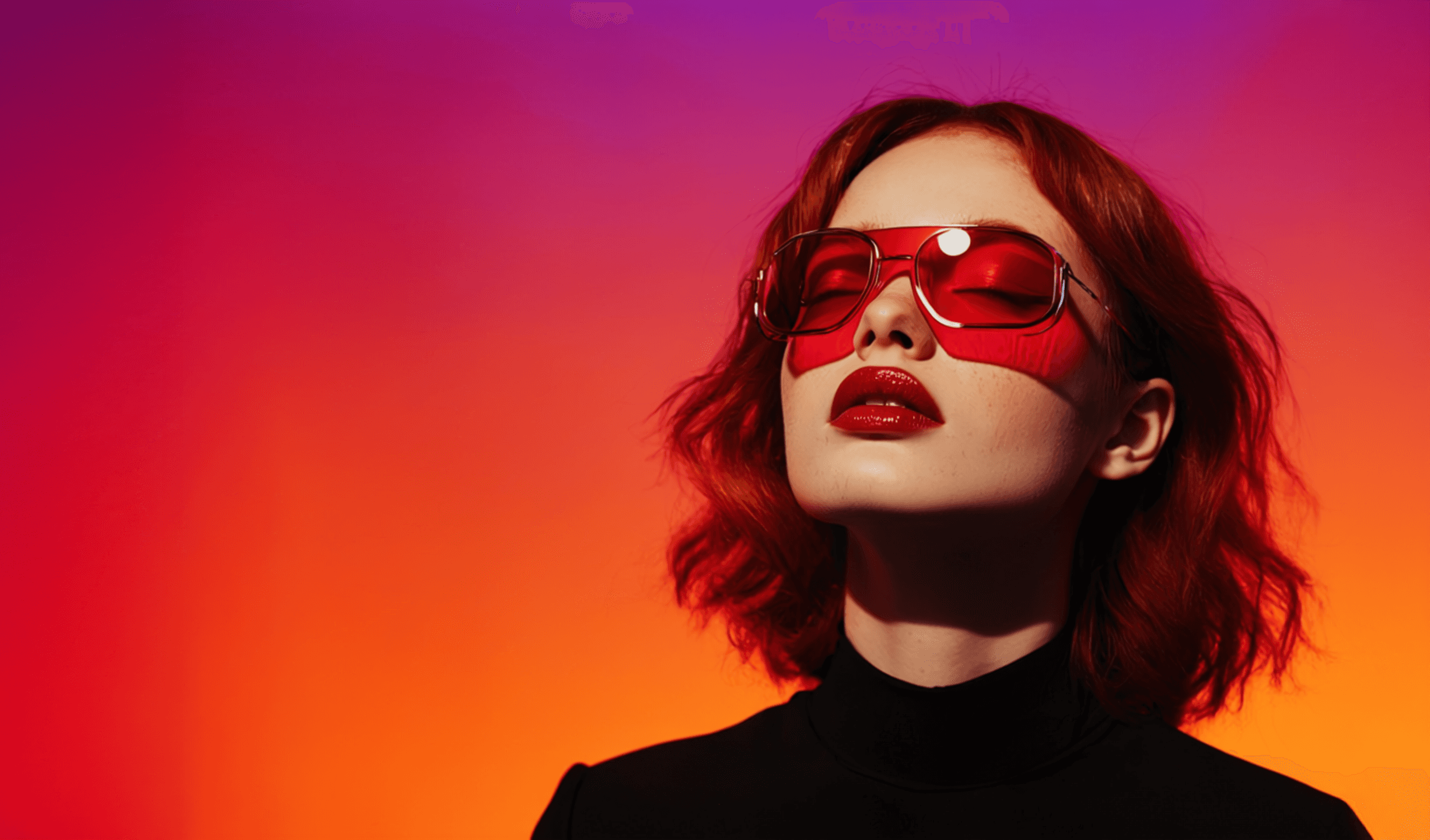 Stylish red-haired woman in bold red sunglasses, futuristic fashion portrait with vibrant orange and purple light