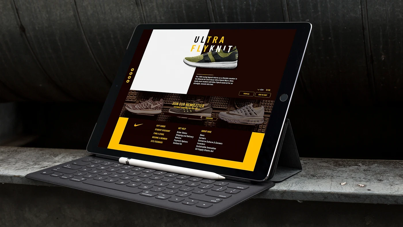 Mockup of Nike e-commerce website UI/UX design concept showcasing shoes and jackets with a clean, modern layout.