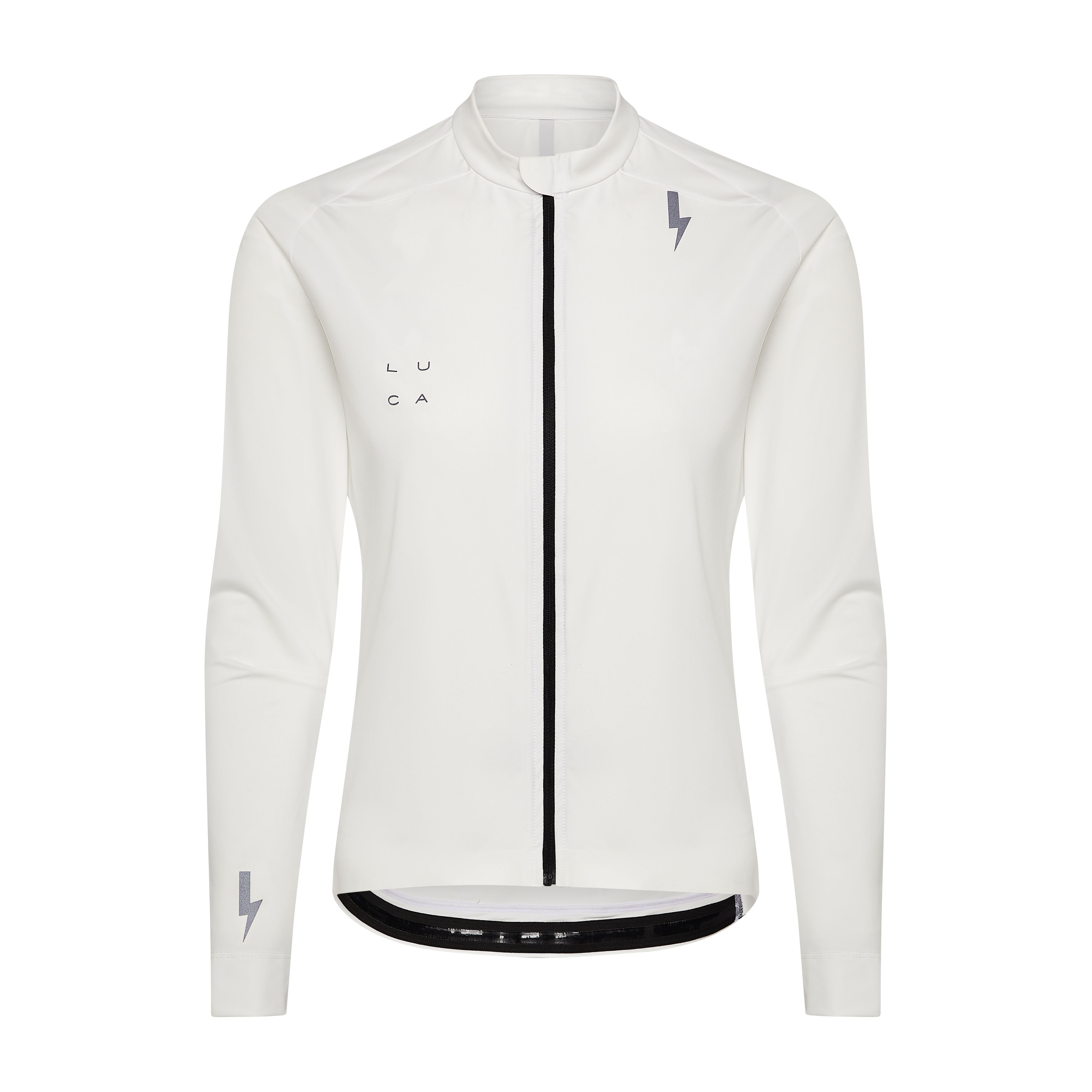 Front-view-of-the-white-long-sleeve-athletic-jersey-with-a-full-blck-zip-and-high-collar-The-top-features-gray-LUCA-chest-branding-logo-and-reflective-lighting-bolt-sign-on-the-upper-chest-and-lower-sleeve