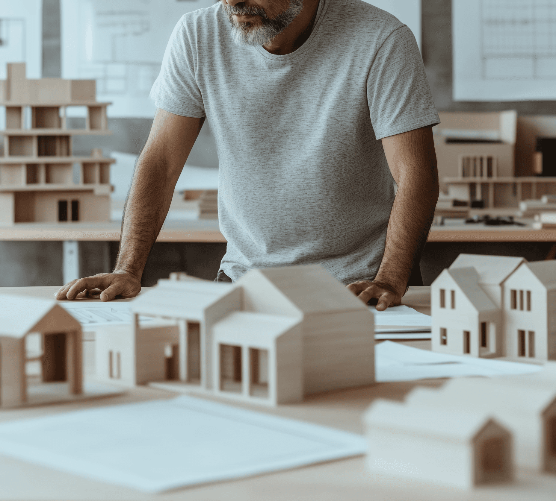 A man with some model buildings