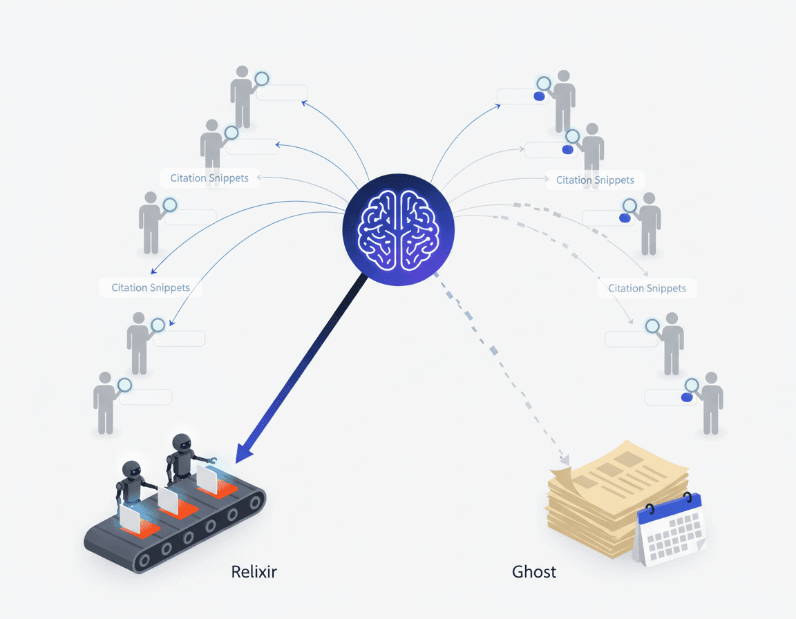 Flow diagram contrasting Relixir’s automated refresh pipeline feeding AI engines versus Ghost’s interrupted manual path.