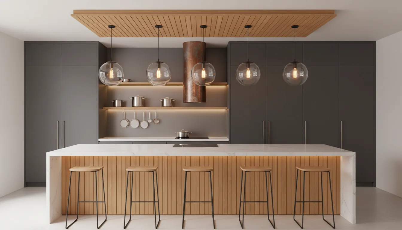 Photorealistic 3D render of a modern kitchen interior, architectural visualization, Blender style. The scene features a long kitchen island with a polished white countertop and a light wood base. Suspended above is a rectangular ceiling panel made of warm wood slats, from which hang four large spherical glass pendant lights with filament bulbs. The background has floor-to-ceiling matte charcoal cabinets, a cylindrical patinated copper range hood, and an open shelf with stainless steel pots. Soft global illumination is combined with warm task lighting, creating a bright and clean ambiance. Three modern bar stools are neatly arranged at the island. Eye-level perspective, hyper-detailed, sharp focus.
