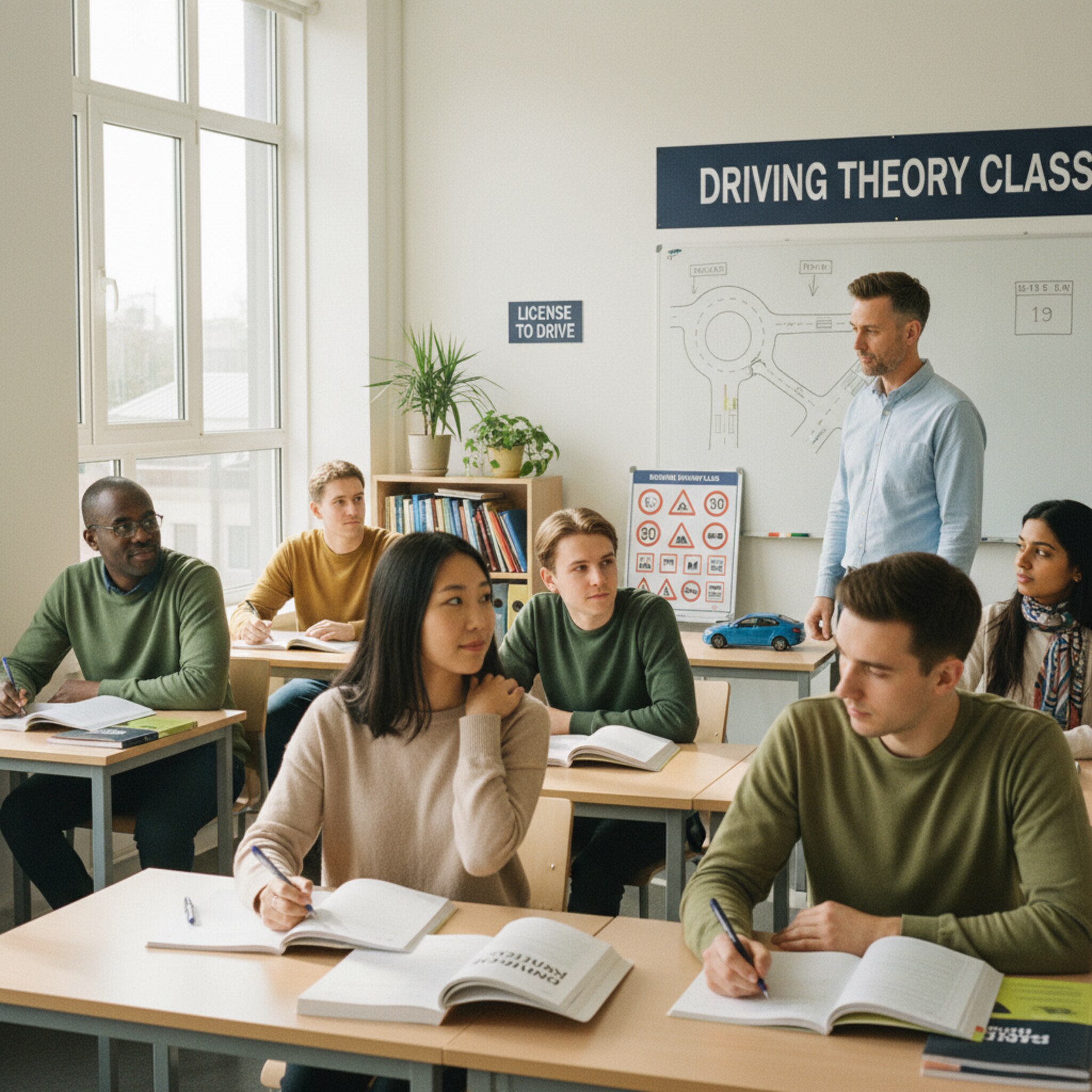In einem hellen Theorieraum blickt ein Fahrlehrer von der Tafel zu den aufmerksamen Schülern. Auf dem Tisch liegen Lehrbücher und Notizblöcke, Sonnenlicht fällt durch große Fenster. Eine Schülerin meldet sich, während andere konzentriert mitschreiben. Die Szene wirkt ruhig, fokussiert und motivierend.