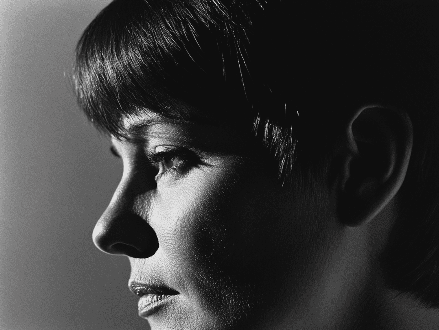Black and white image of a woman looking towards the left side