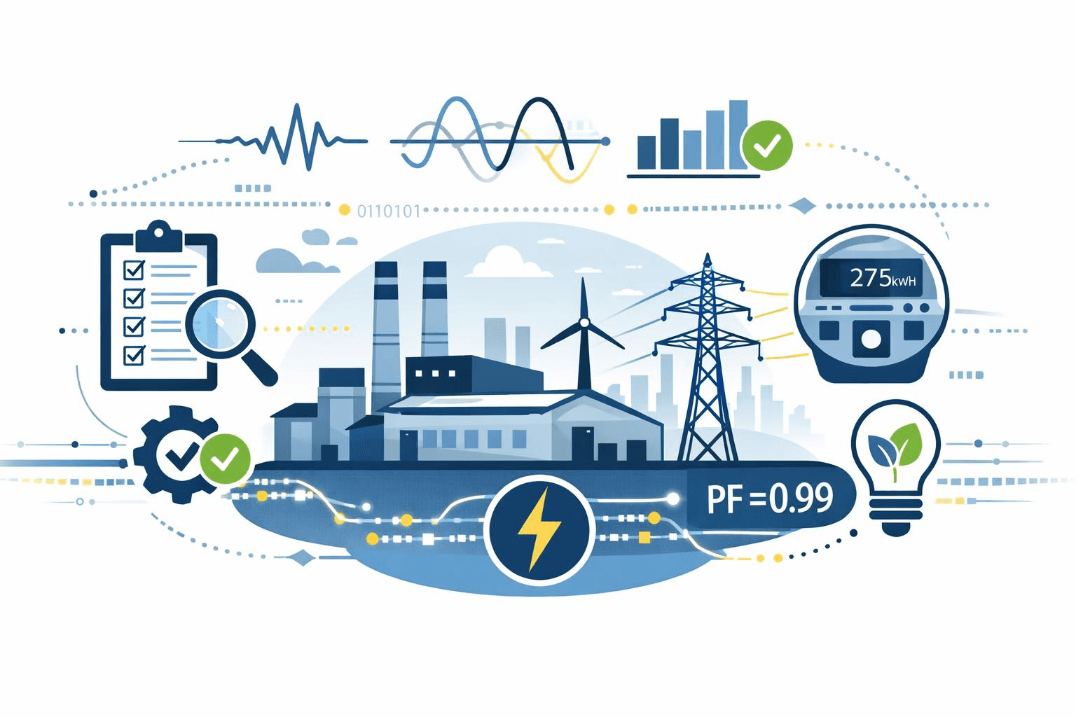 Ilustración conceptual de una planta industrial conectada a la red eléctrica inteligente. Incluye elementos visuales de cumplimiento normativo como una lista de verificación, engranes, ondas armónicas, medidor digital (275 kWh), símbolo de eficiencia energética (PF=0.99), gráficas de datos y transmisión eléctrica. Estilo minimalista y técnico, orientado a auditorías, eficiencia energética y regulación del Código de Red.