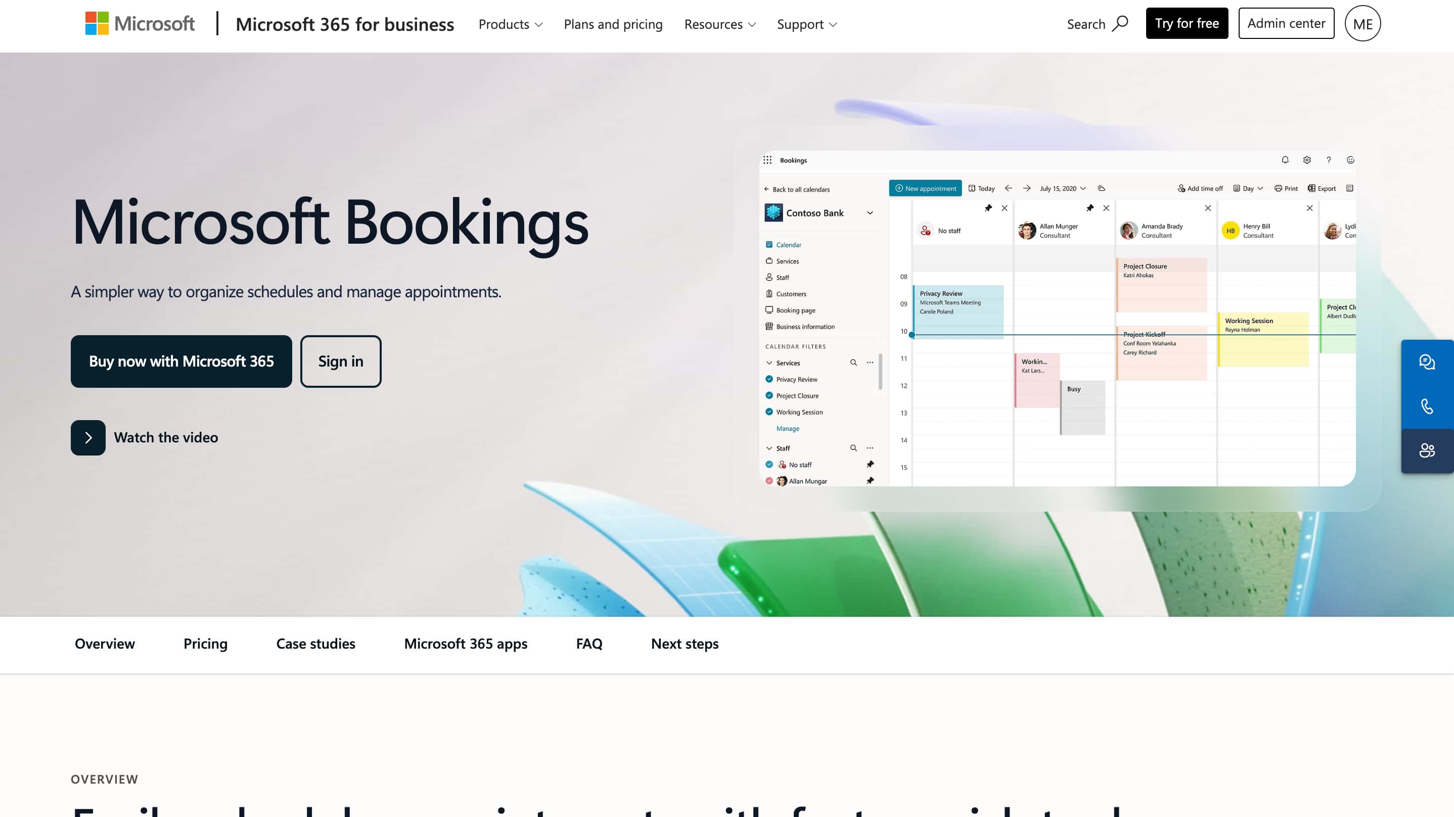 microsoft booking homepage hero section showing headline, call-to-action