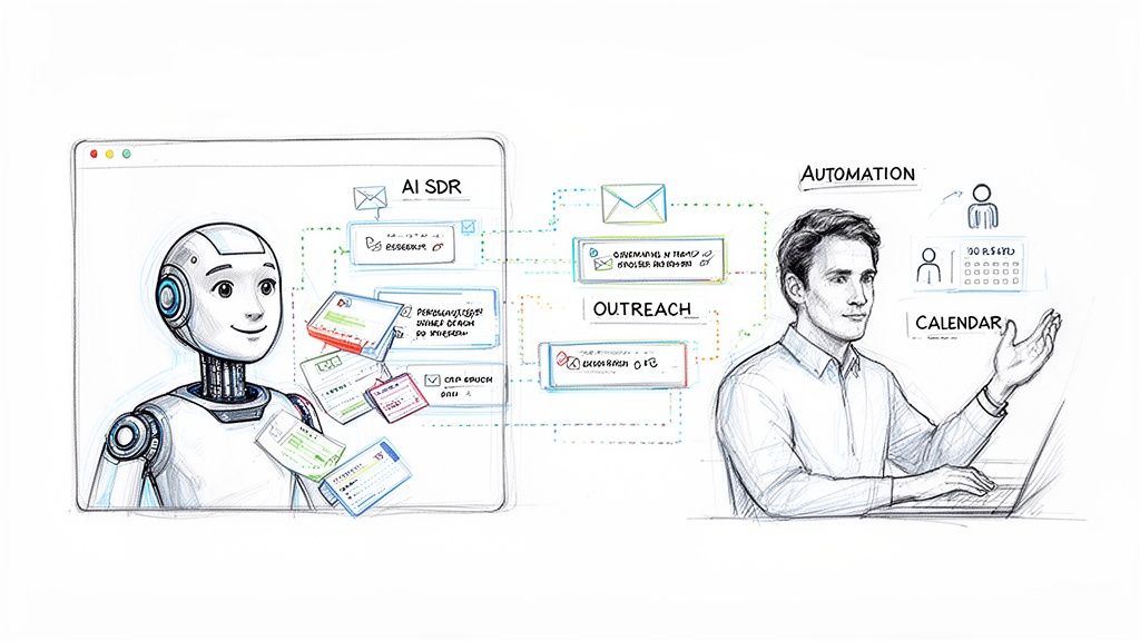 Visualizing AI SDR automating sales tasks, integrating with human outreach and calendar management systems.