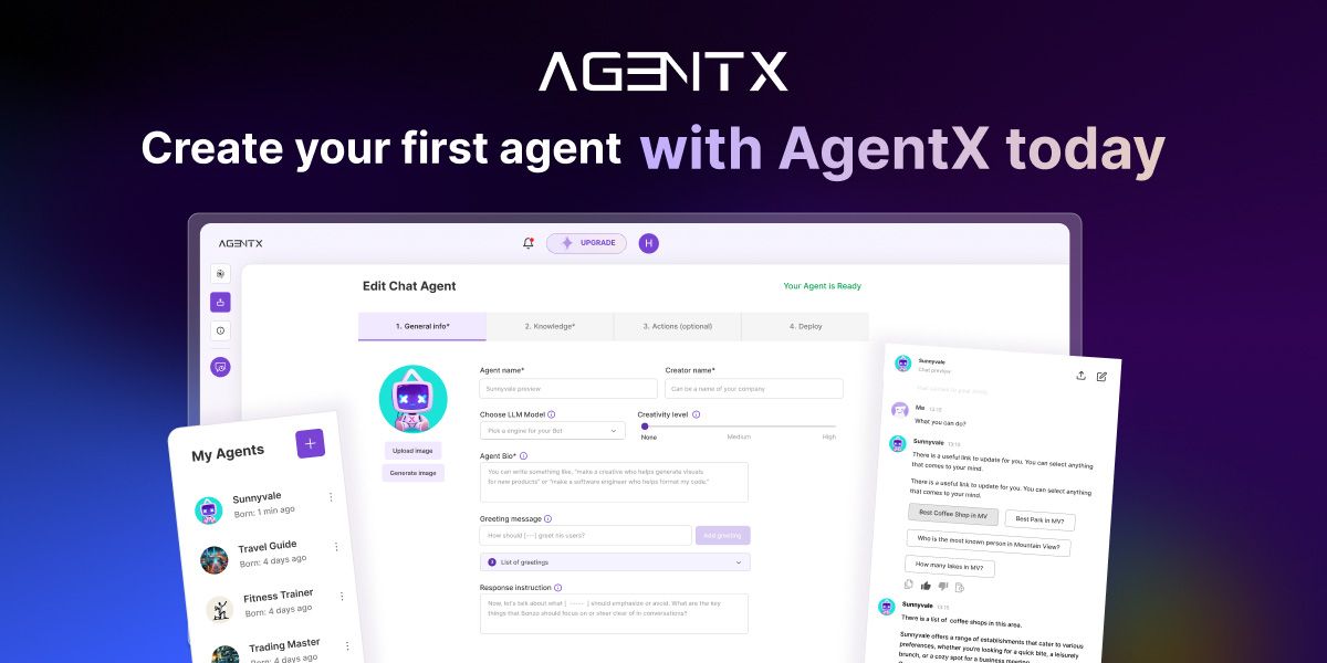 AgentX platform and AI agent creation dashboard screenshot.