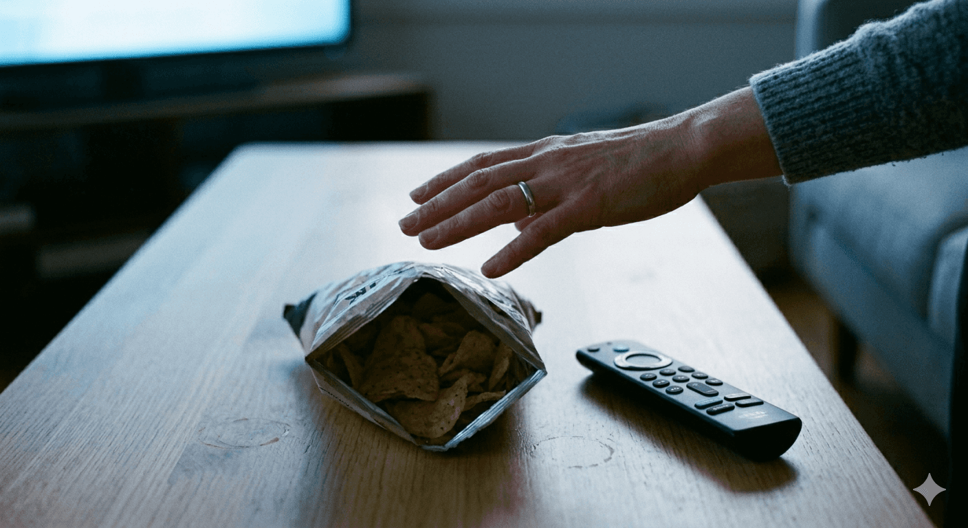 Hand pausing over snacks on a coffee table — the moment of awareness before boredom eating kicks in