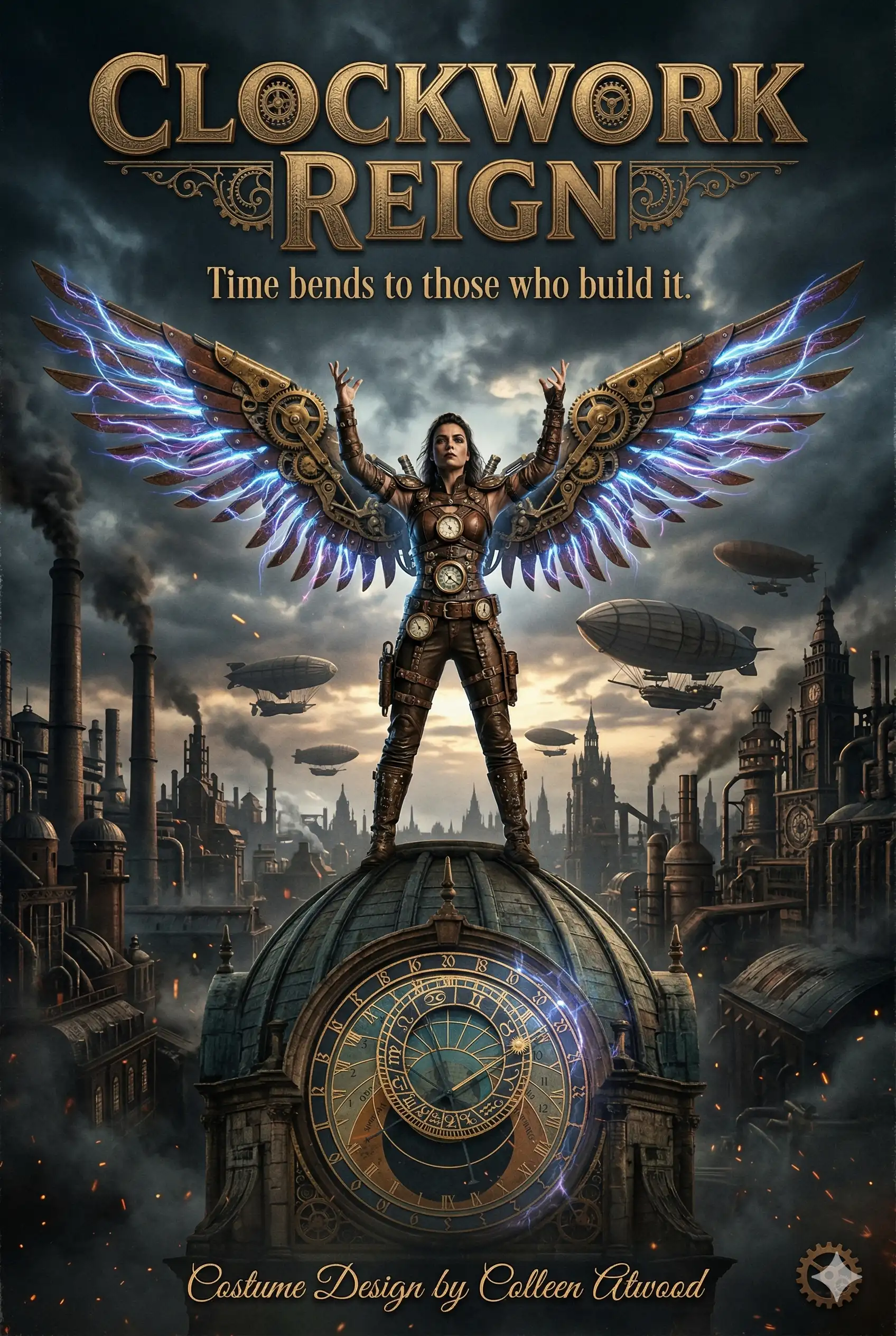 AI-generated steampunk movie poster titled 'Clockwork Reign', featuring a woman with mechanical wings crackling with blue electricity standing atop a giant dome clock with airships in the background. Designed by Mahendra R.