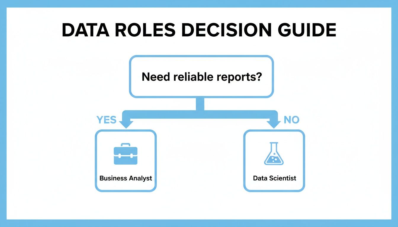 A decision guide flowchart defining data roles based on the need for reliable reports, leading to Business Analyst or Data Scientist.
