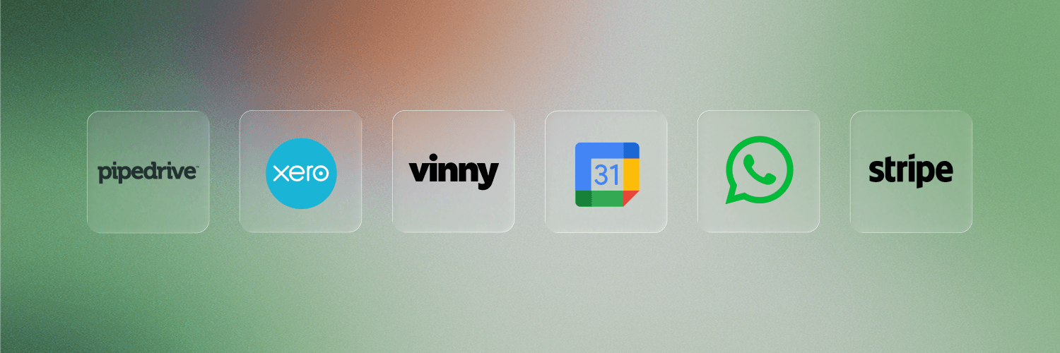 A green and burnt orange gradient with 6 brand logos on top. The logos are for Pipedrive, Xero, Google Calendar, Vinny, WhatsApp, and Stripe