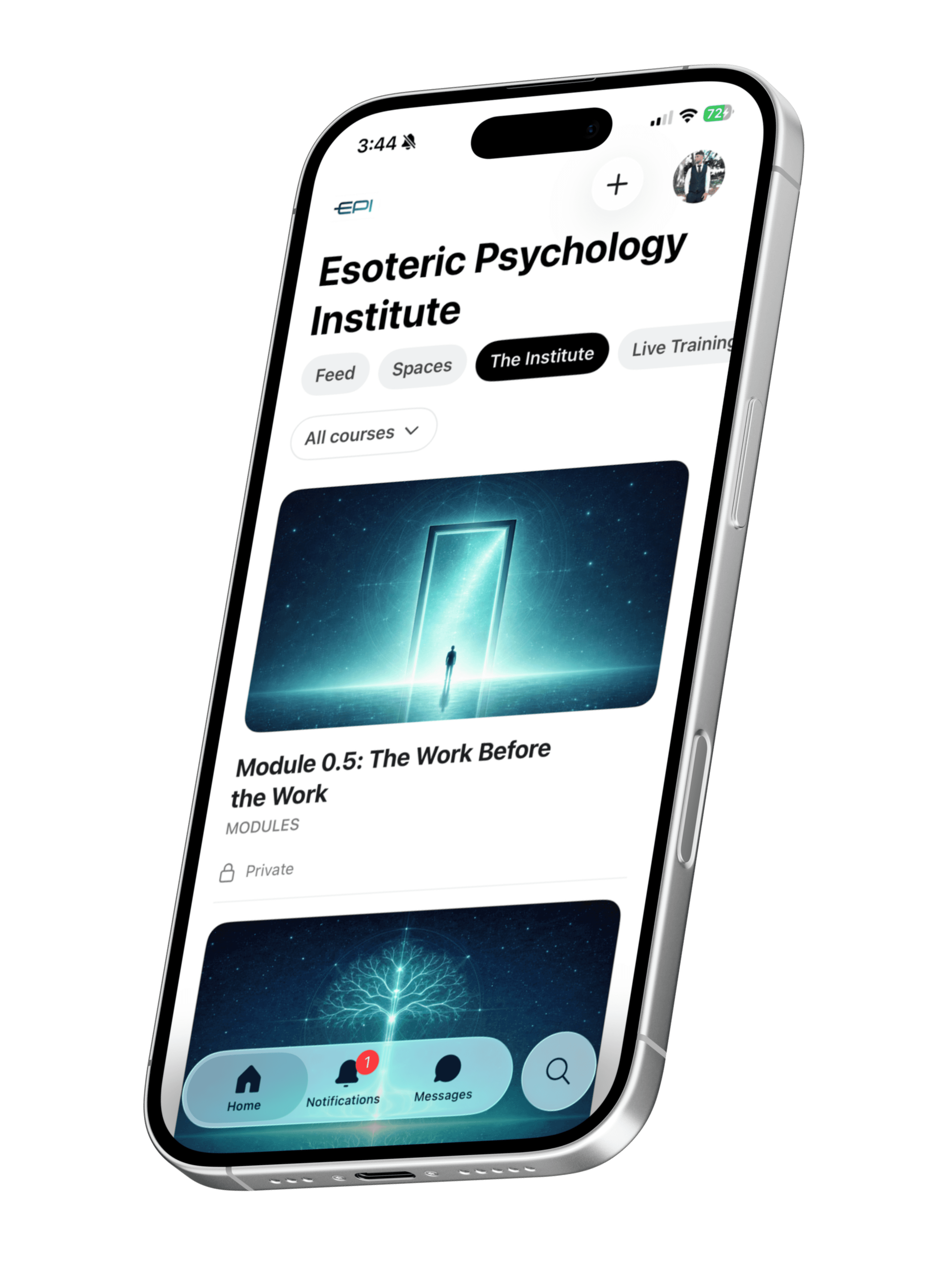 Esoteric Psychology Institute practitioner dashboard with courses and training content
