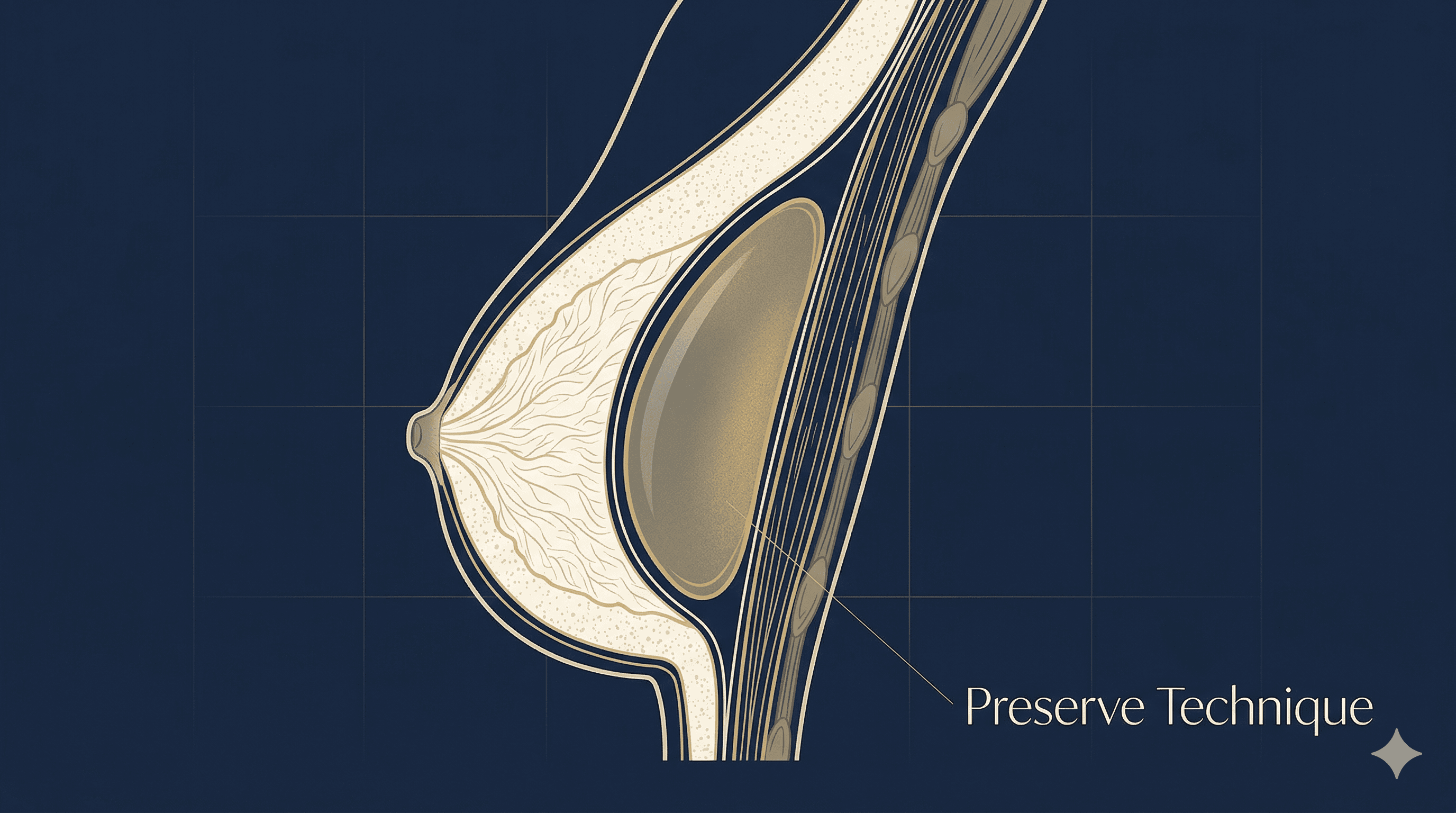 Cross-sectional medical illustration of the Motiva Preserve breast augmentation technique showing subfascial implant placement with preserved tissue layers on a dark navy background by Dr Bravo in Abu Dhabi