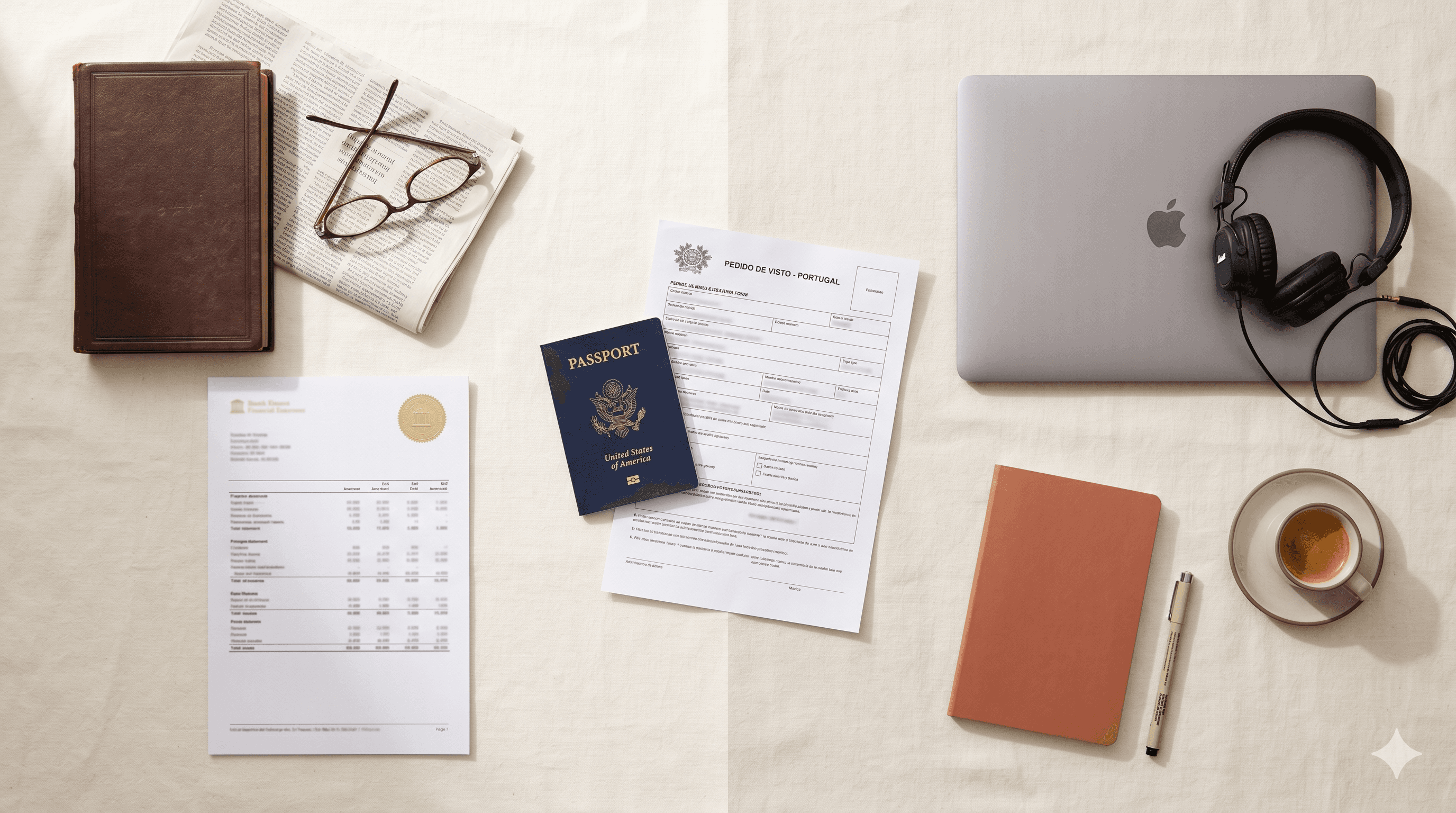 Editorial flat-lay comparing the Portugal D7 and D8 visa lifestyles — a book, glasses, and financial statement on one side; a laptop, headphones, and notebook on the other; a US passport and visa application centered between them.