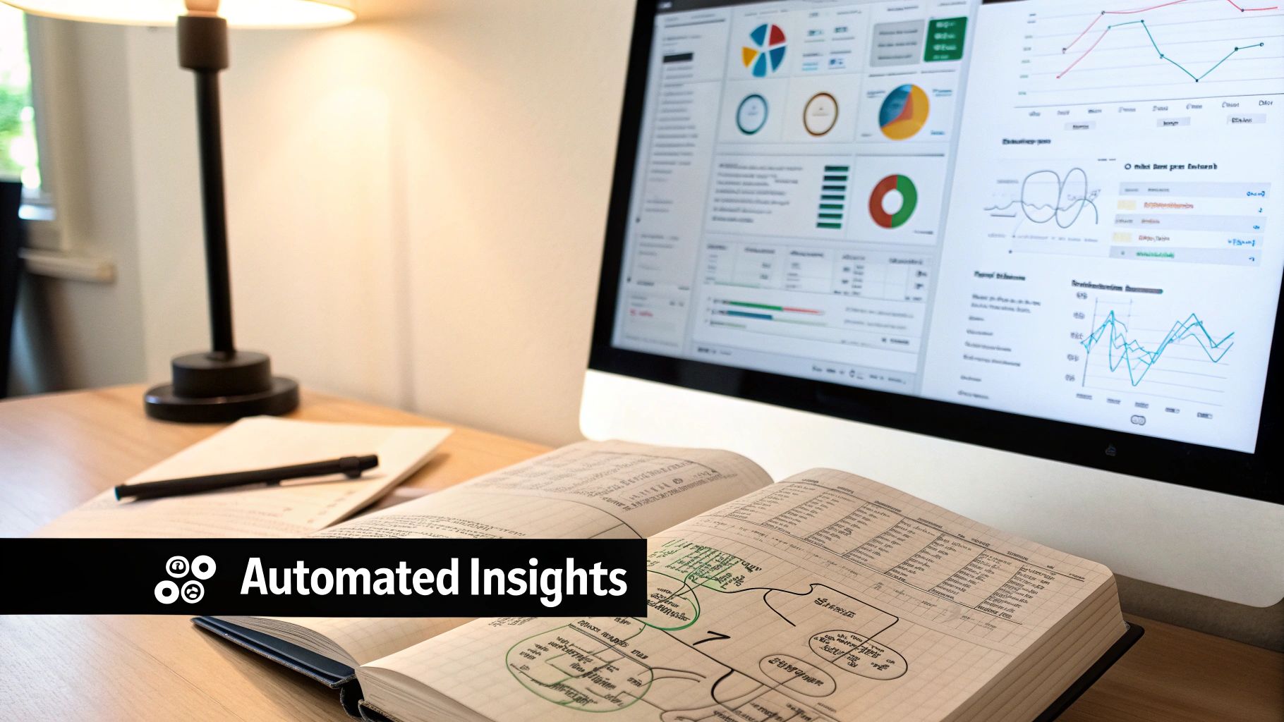 A desk setup featuring a computer with data dashboards, an open notebook with diagrams, and a pen.