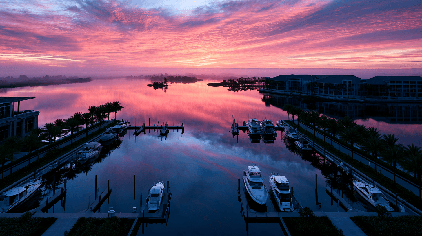 Florida marina at dawn with palm trees and motor yachts in slips