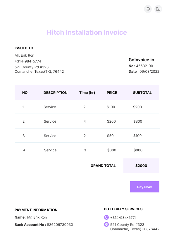 Hitch Installation Invoice