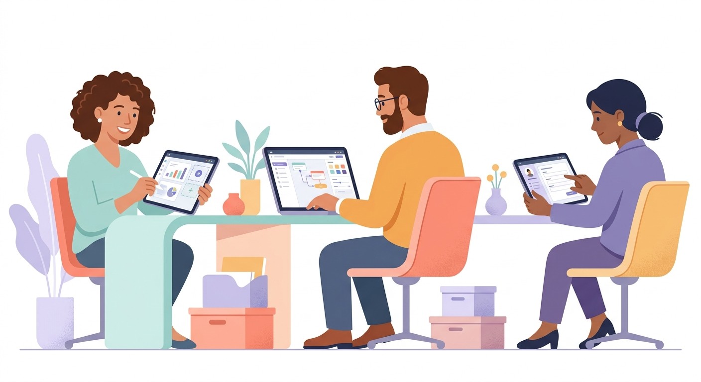 Flat illustration of a diverse team of citizen developers, a marketer, an operations manager, and an HR lead, each building app screens on their devices.