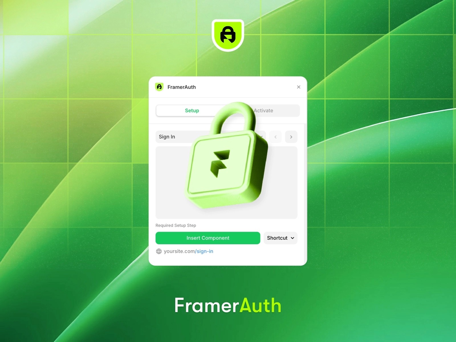 Green lock icon overlay on FramerAuth setup screen with grid background.