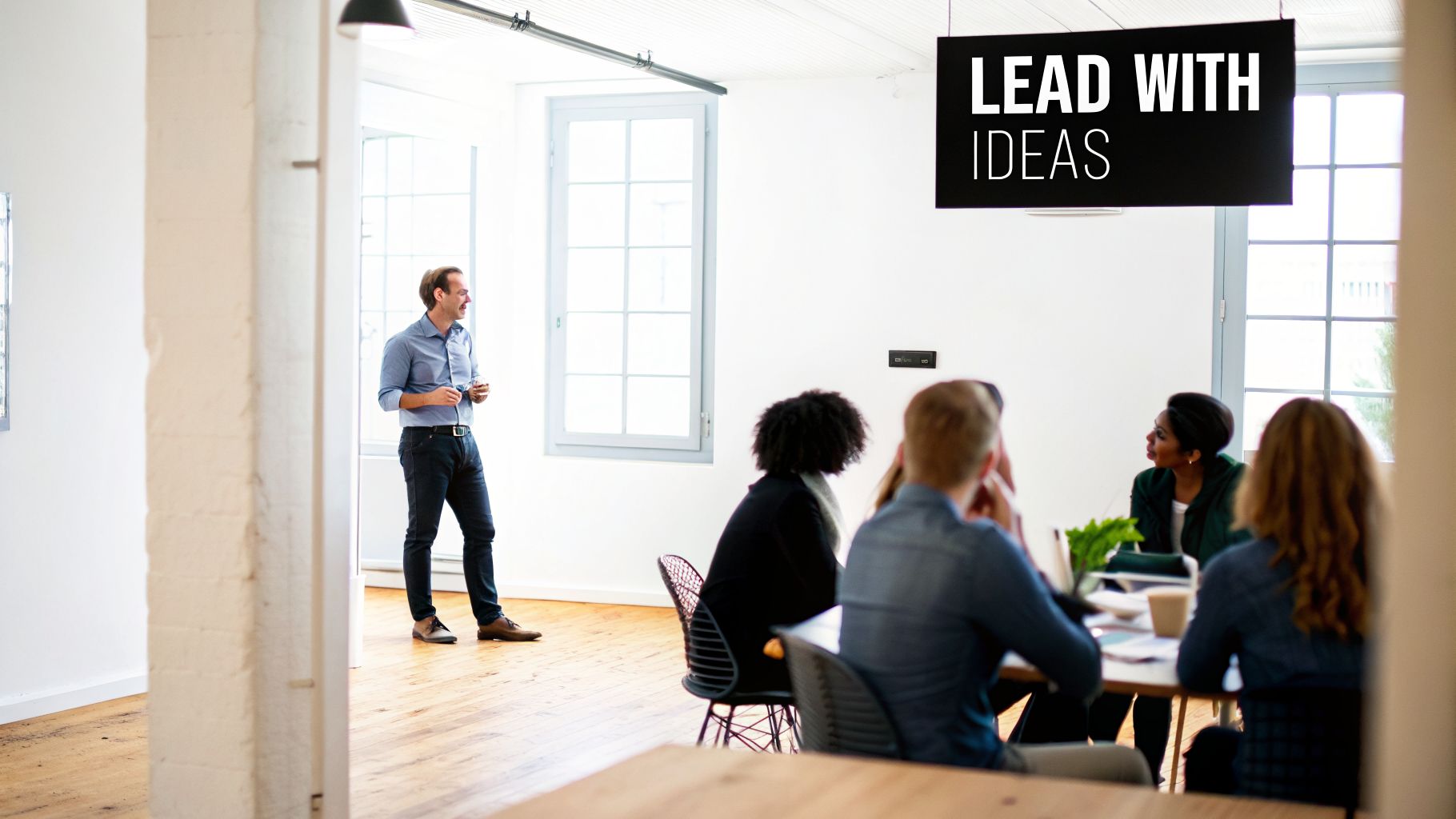 A male speaker engages with a diverse group of professionals in a modern meeting room, promoting new ideas.